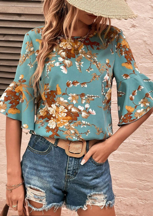 Mineral Blue Flare Sleeve Blouse