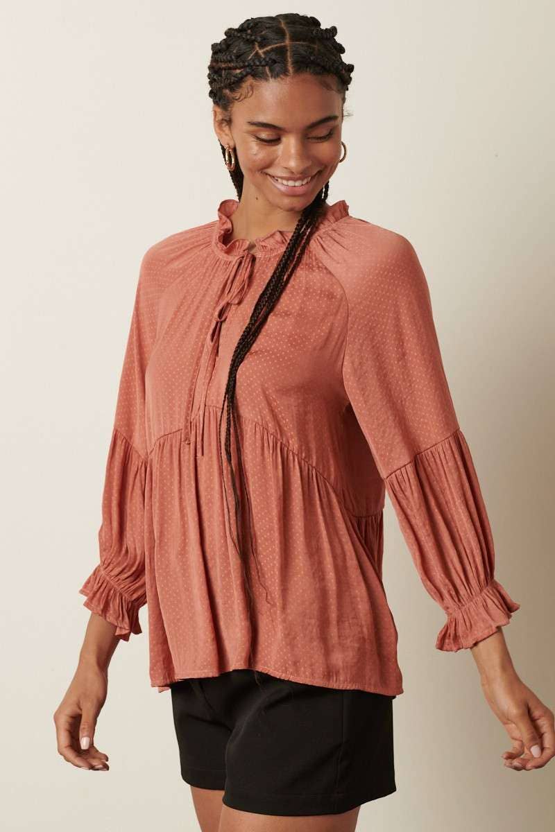 RUFFLE TIE FRONT BABYDOLL BLOUSE
