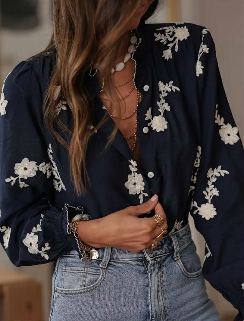 Navy & Cream Embroidered Blouse