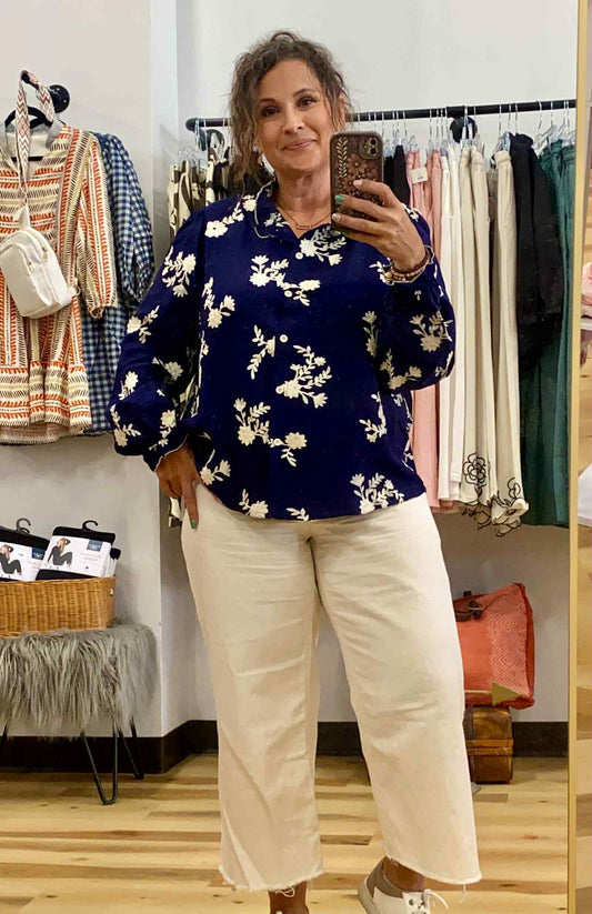 Navy & Cream Embroidered Blouse