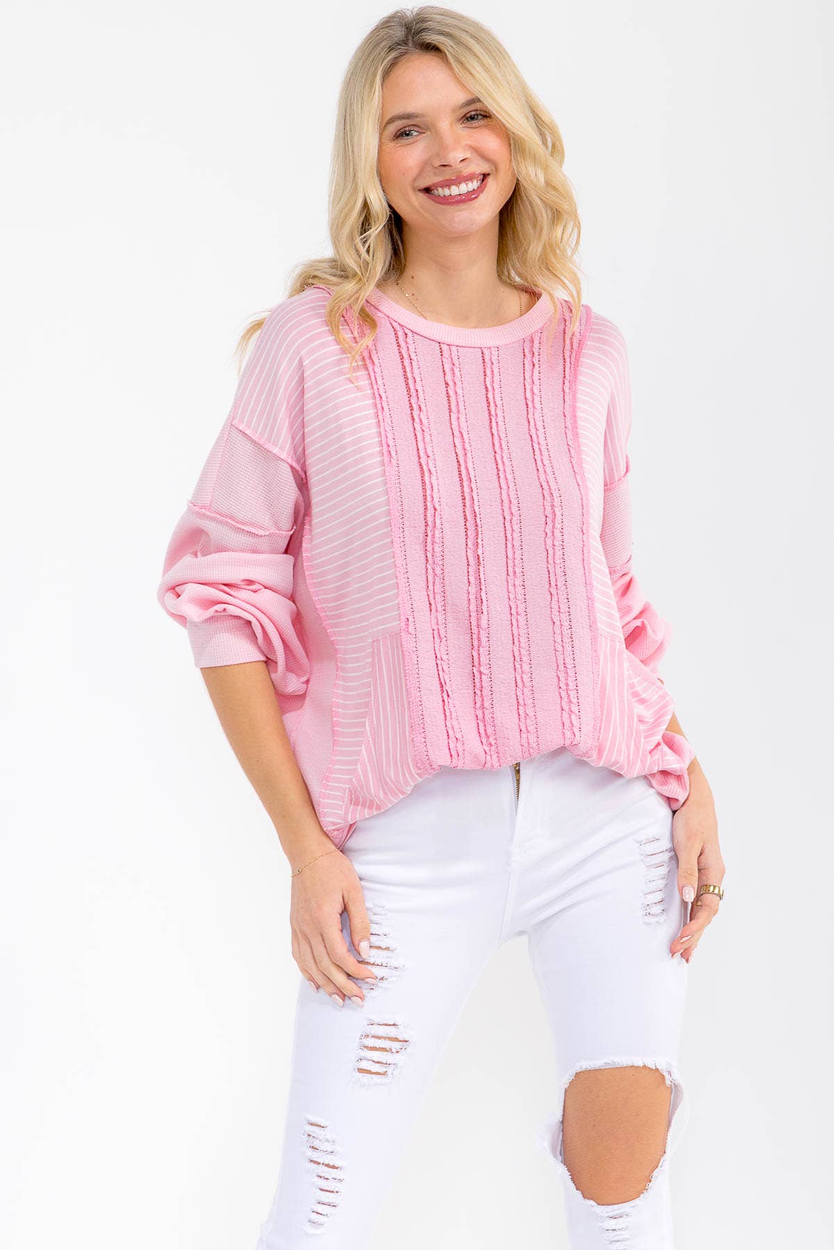 Textured Stripe Contrast Knit Top T6203