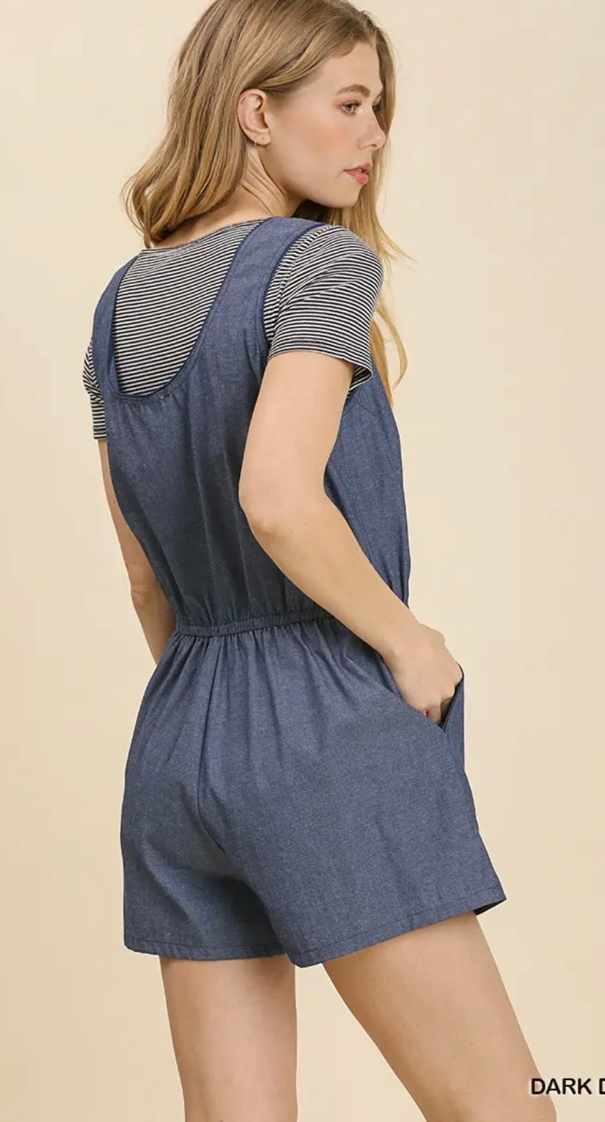 UMGEE Chambray Half Button Front Sleeveless Fringe Detail Romper