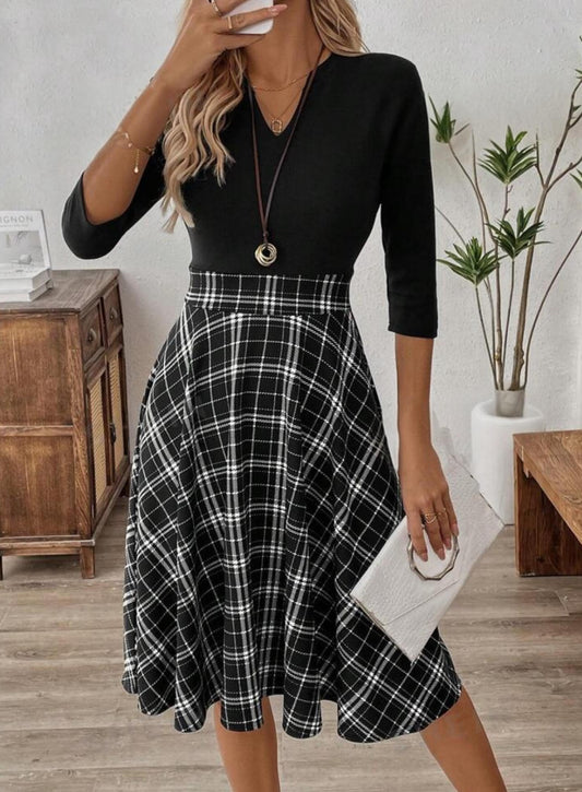 V-Neck Plaid Fall Dress