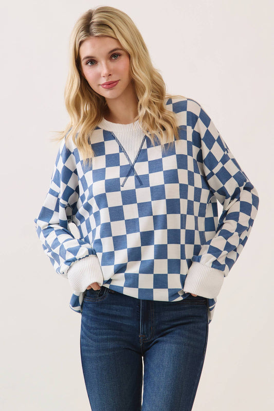 Checkered Print Drop Shoulder Pullover Top T6165