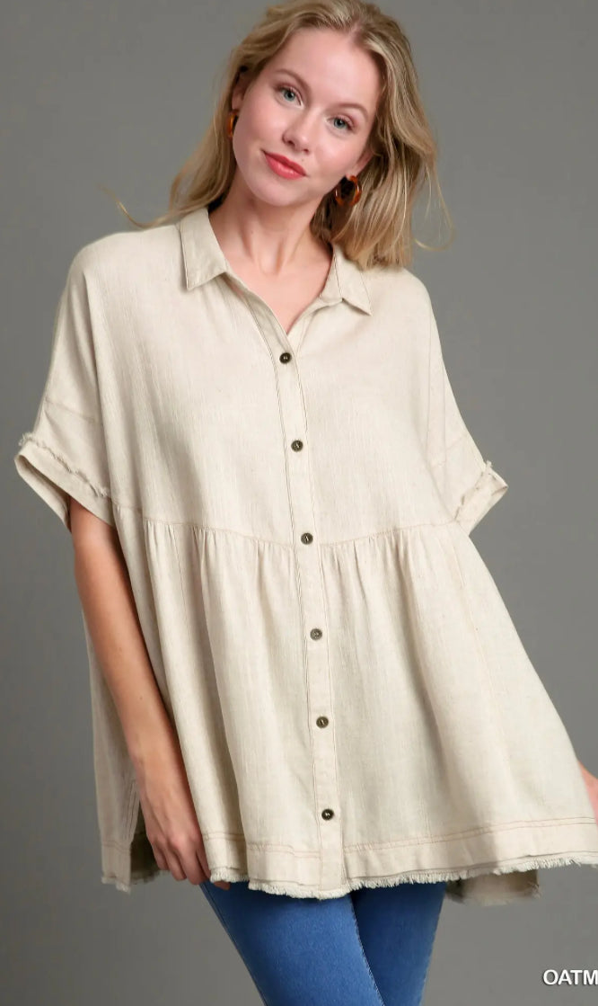 UMGEE - Linen Button Up With Side Slit and Frayed Hem