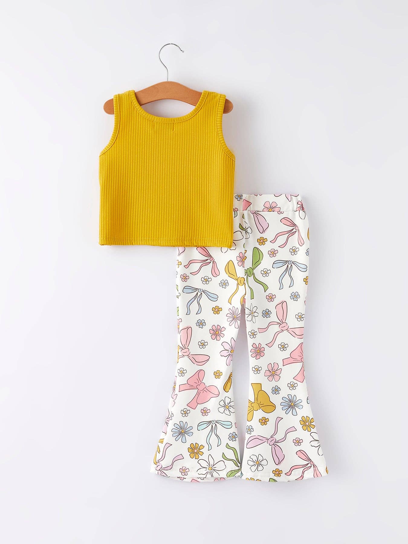 Yellow Girls Top Bow Floral Print Bell Bottom Pants Set