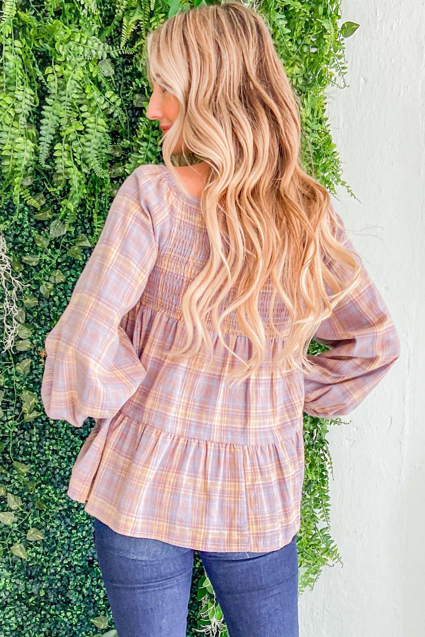 ATW14652 - Plaid Print Smocked Baby Doll Top