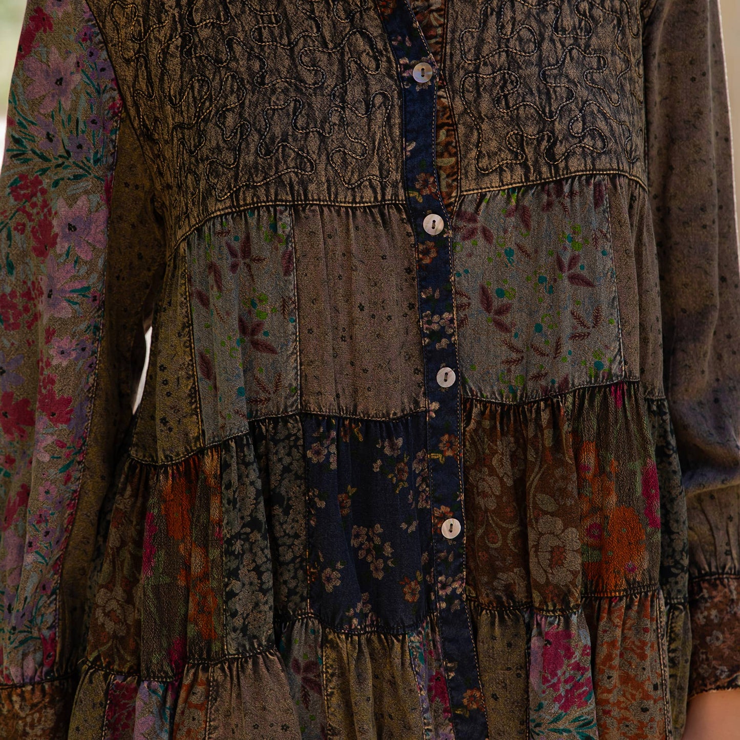 Front-Open Boho Shirt with Quilted Emb & Rayon Tiers