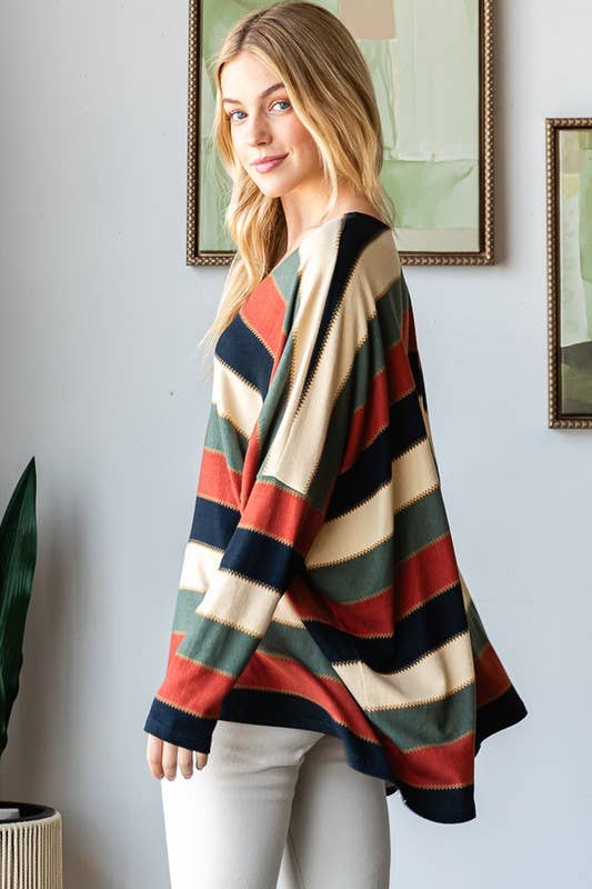 LONG DOLMAN SLEEVE V NECK STRIPE PRINT TOP