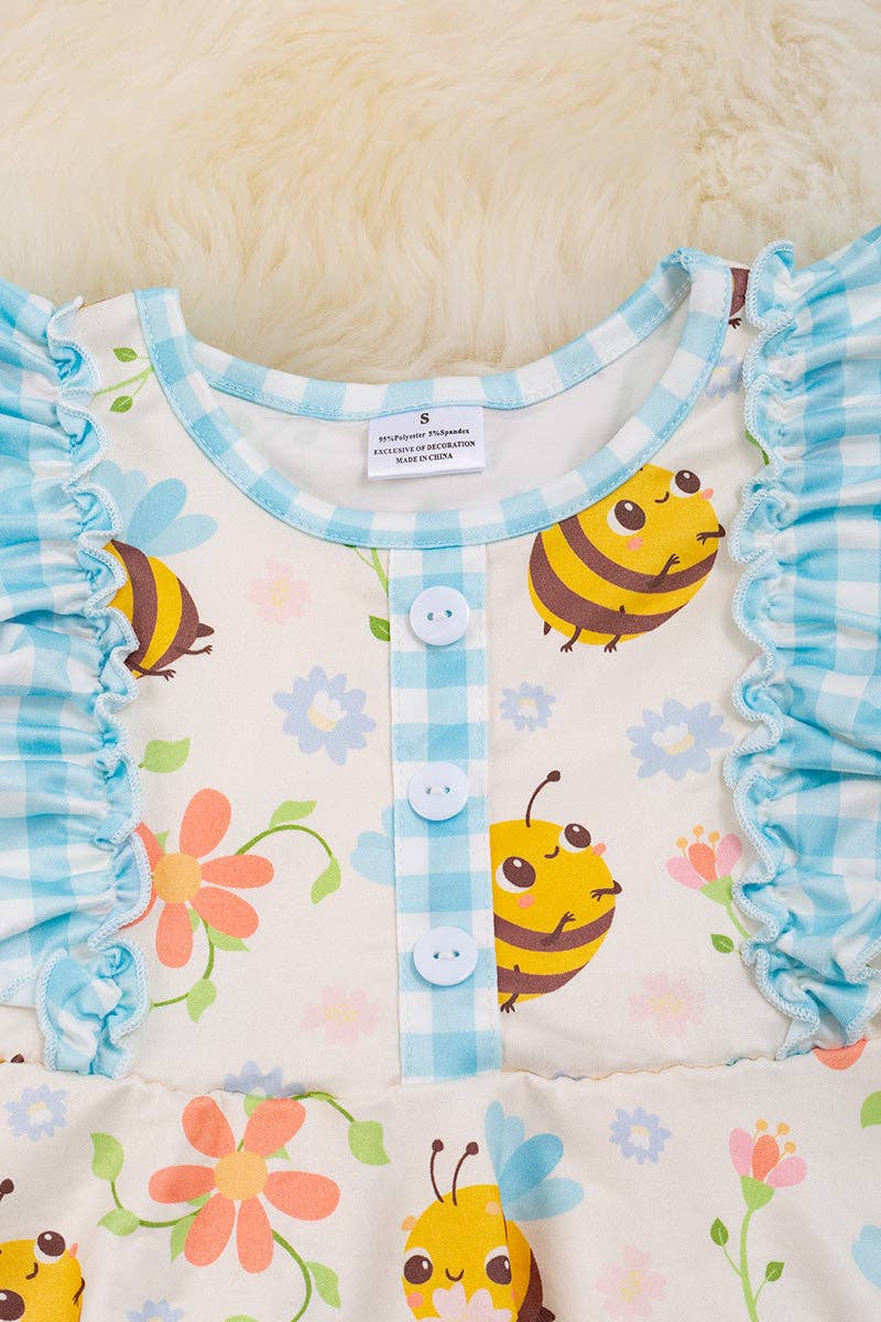 Bee & gingham printed girls dress with ruffle hem