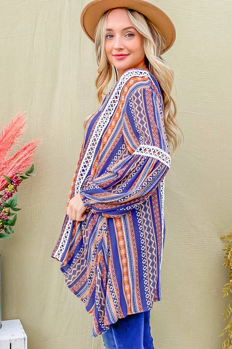 BA12544 - Tie Dye, Aztec Printed Lace Detail Tunic Top