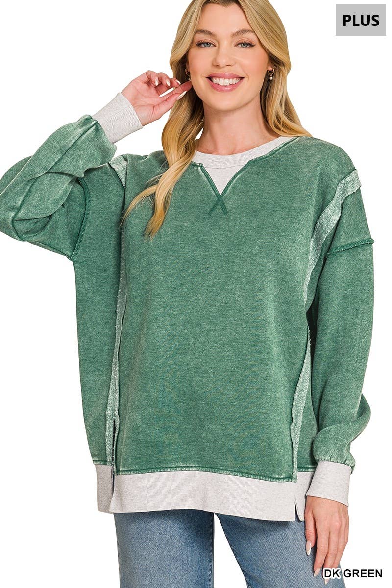 Plus Fleece Acid Washed Contrast Trim Pullover Zenana
