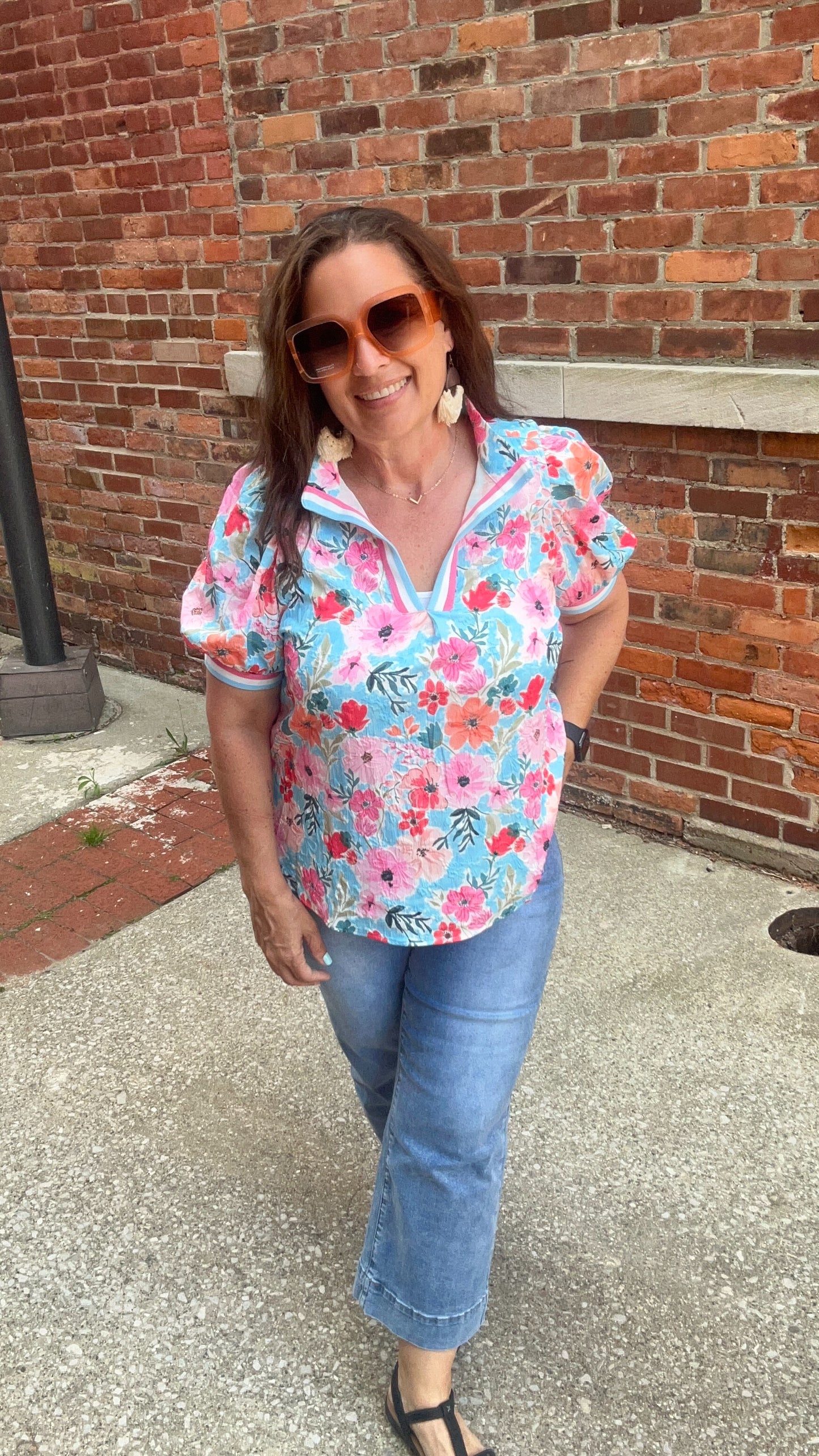 Floral High-Collar Split Neck Blouse