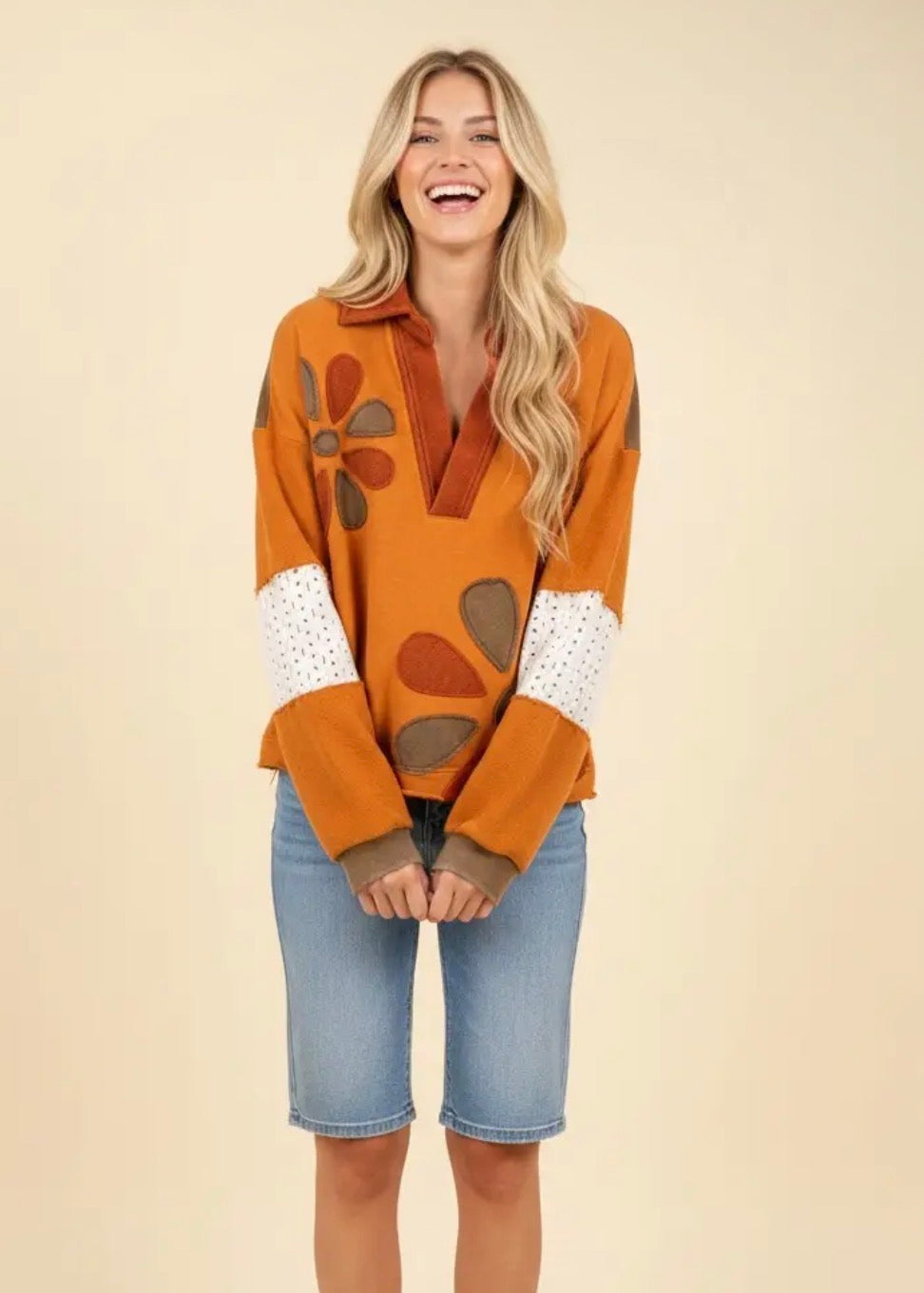 HT20053 Floral Patch Collared Colorblock