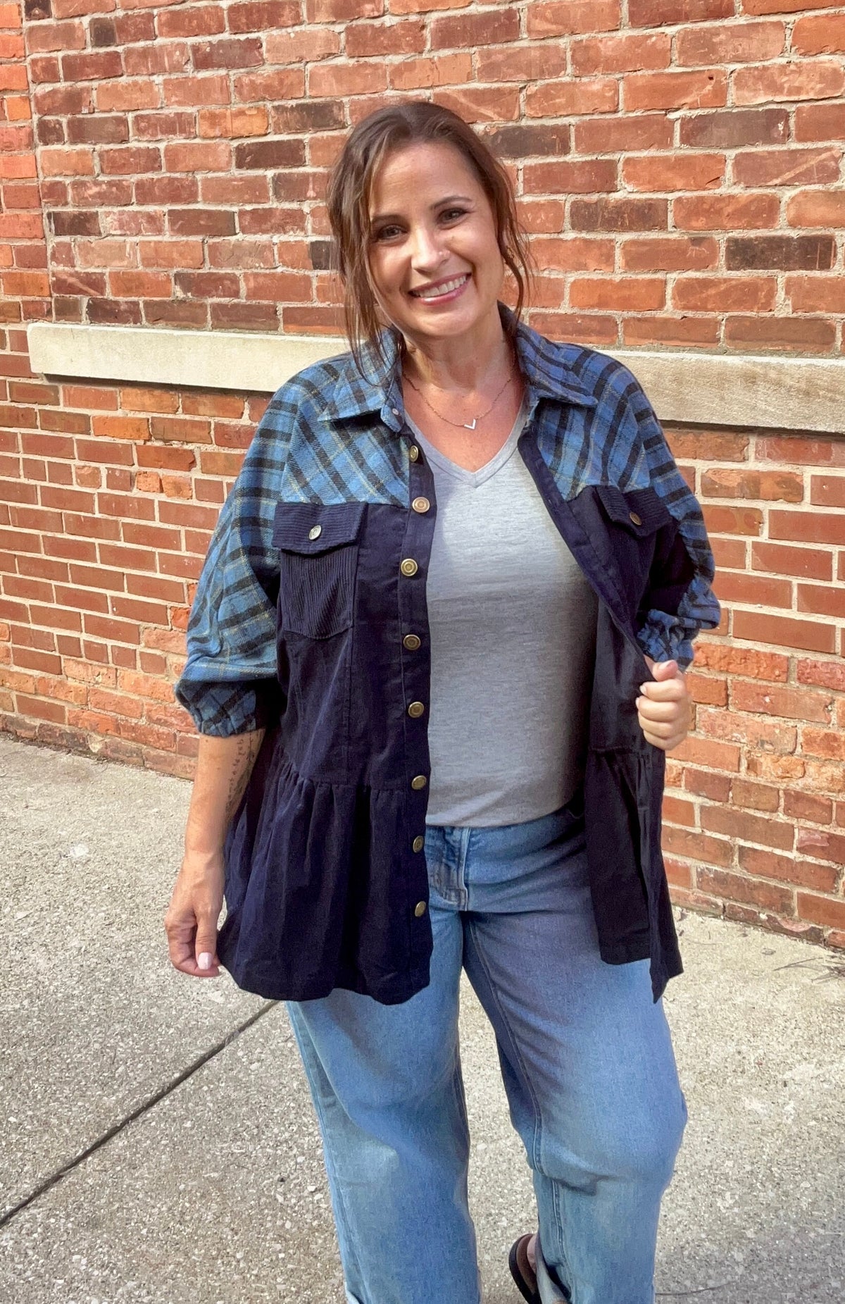 Plaid Contrast Corduroy Button Down Shacket