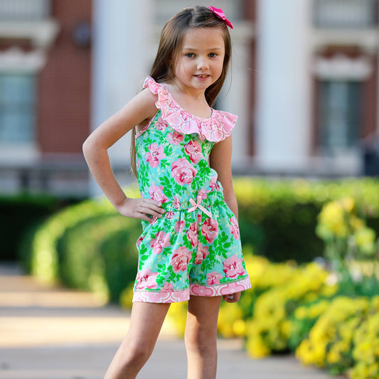 Girls Pink Green Floral Jumpsuit Romper