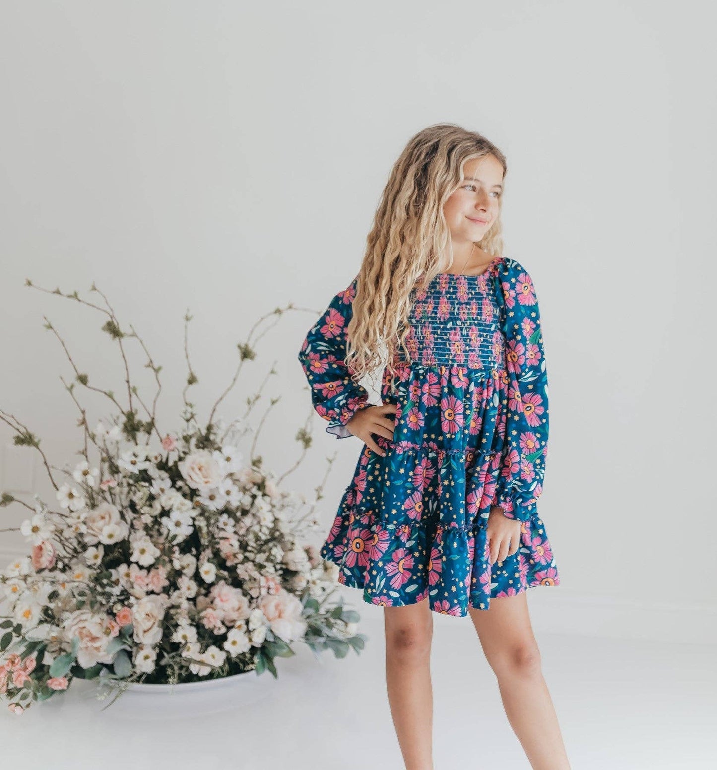 Girls Grace Blue & Pink Flower 3 Tiered Smocked Dress