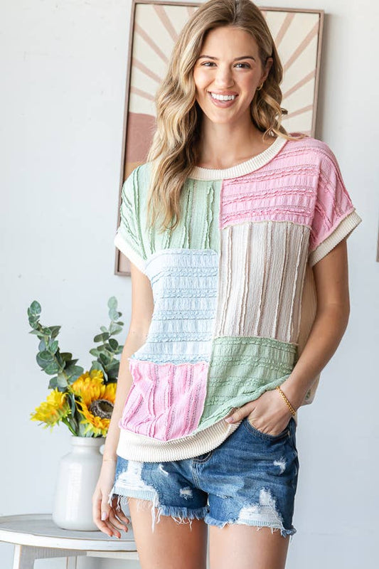 Color Block Textured Patchwork Short Sleeve Top T5944