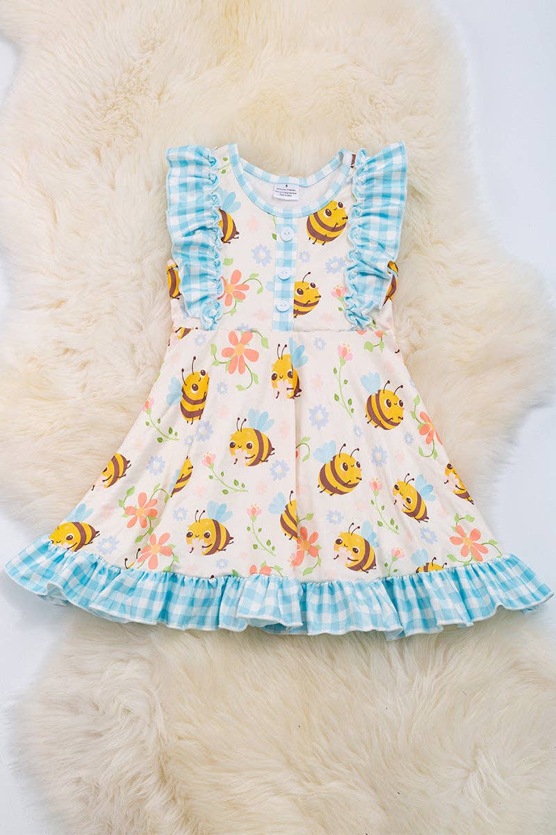 Bee & gingham printed girls dress with ruffle hem