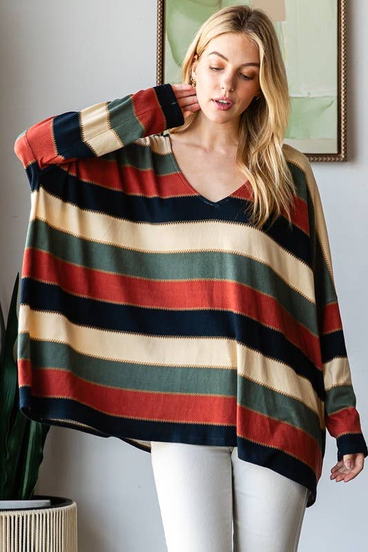 LONG DOLMAN SLEEVE V NECK STRIPE PRINT TOP