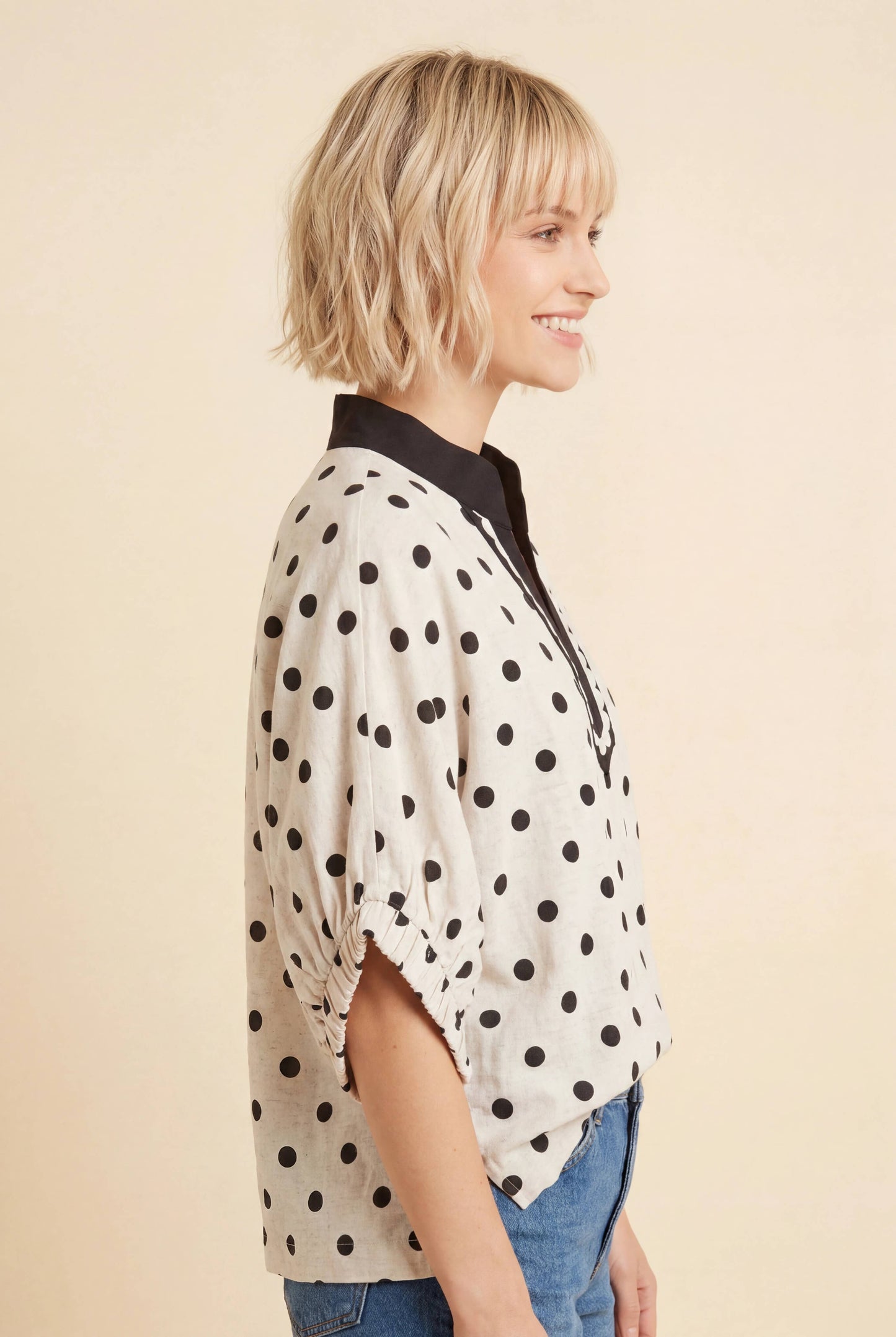 HT20396 Polka Dot Scallop Trim Dolman Sleeve Blouse