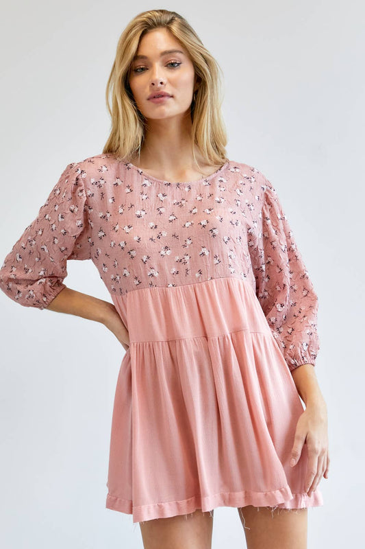FLORAL PRINTED ROUND NECK 3/4 SLEEVE RUFFLE TOP