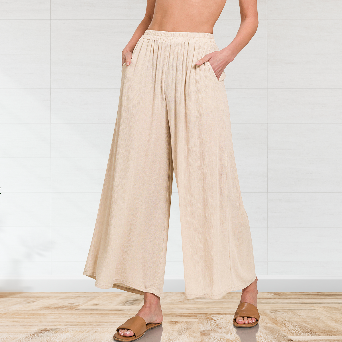 Woven Crinkle Wide Pants With Pockets
