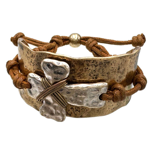 Cross Rustic Western Hammered Metal Cuff Bracelet