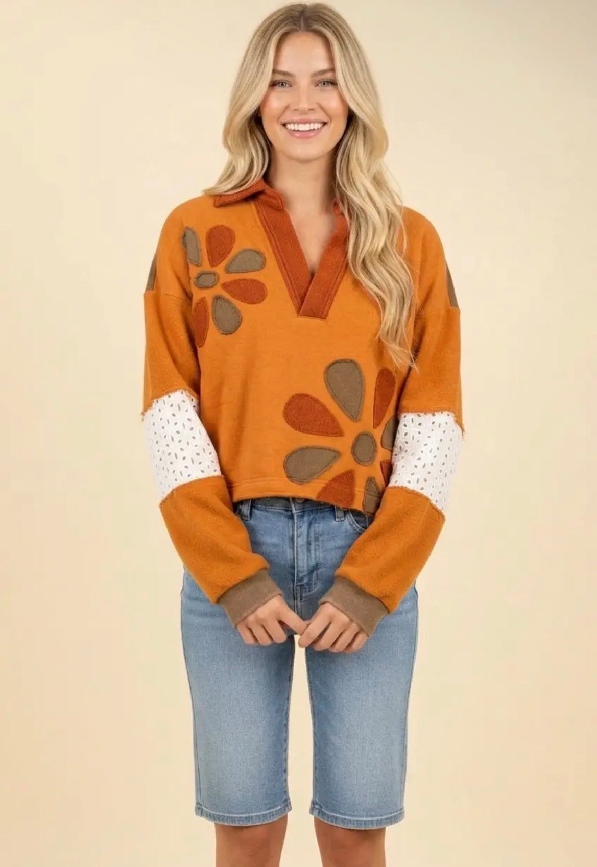 HT20053 Floral Patch Collared Colorblock