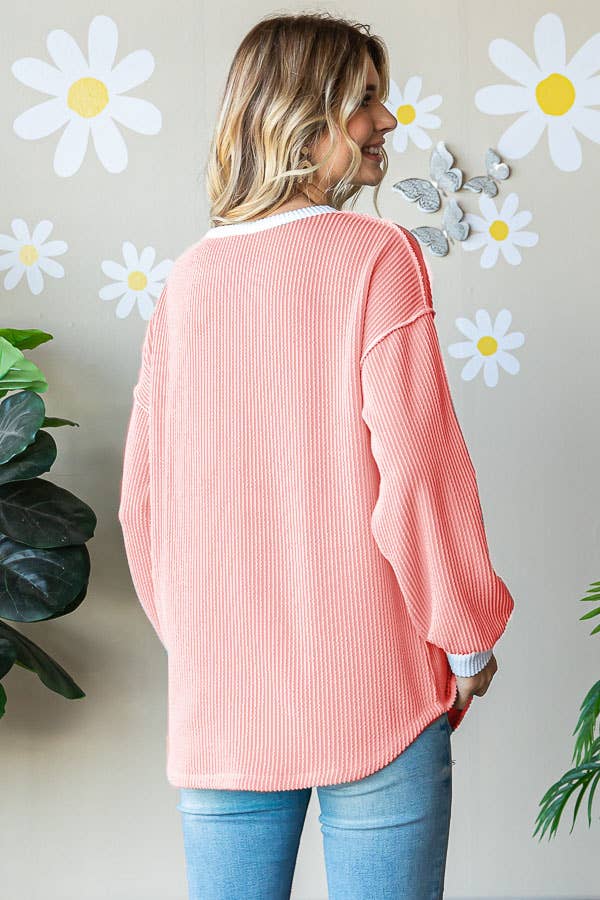 Ribbed Drop Shoulder Button Front Long Sleeve Top T5402