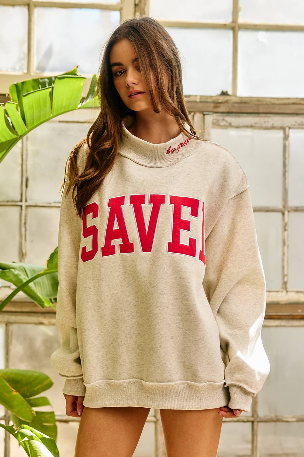 IT2594E-SAVED Embroidered "SAVED" Mock Neck Sweatshirt