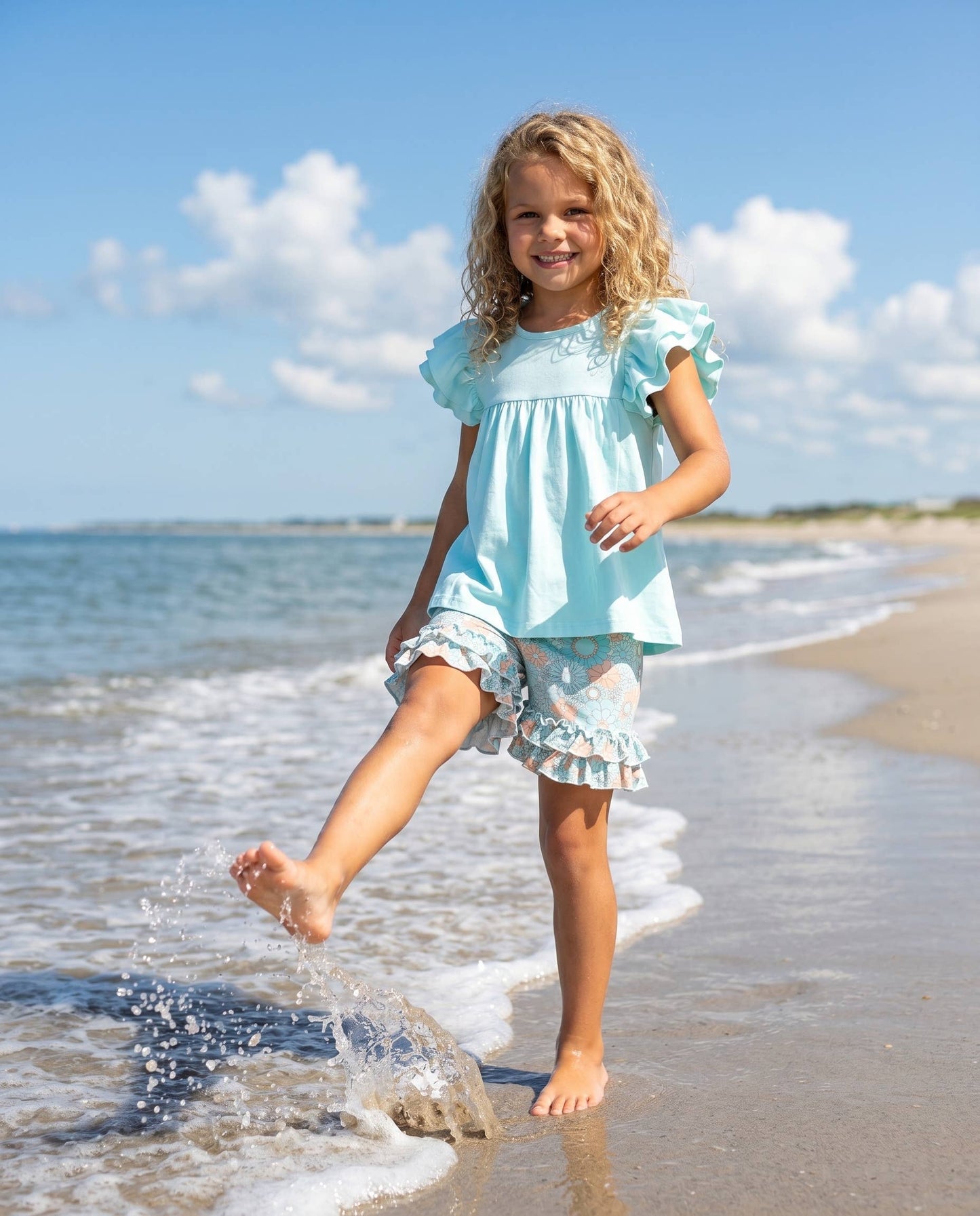 Kids Sophia Light Teal Floral Summer Spring Ruffle Short Set
