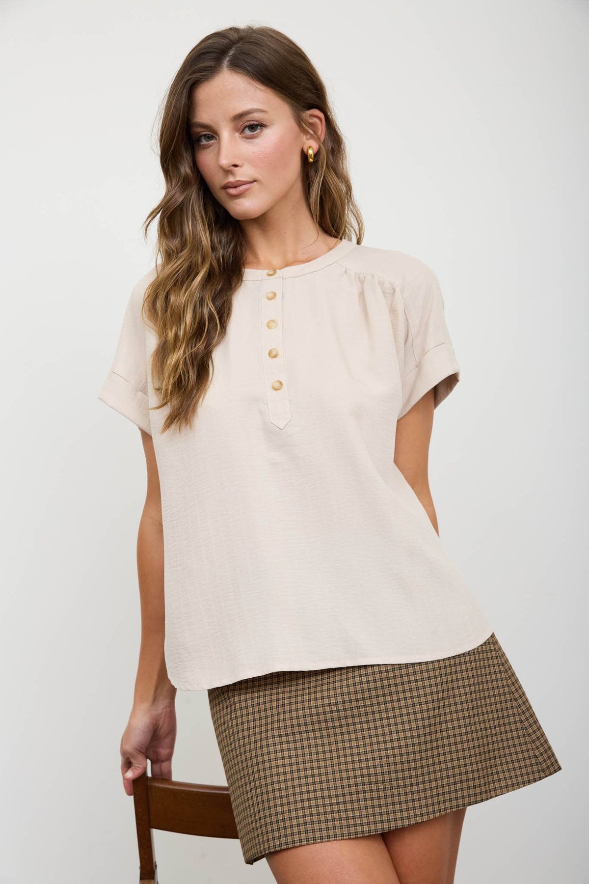 Stripe Texture Henley Button Short Sleeve Top