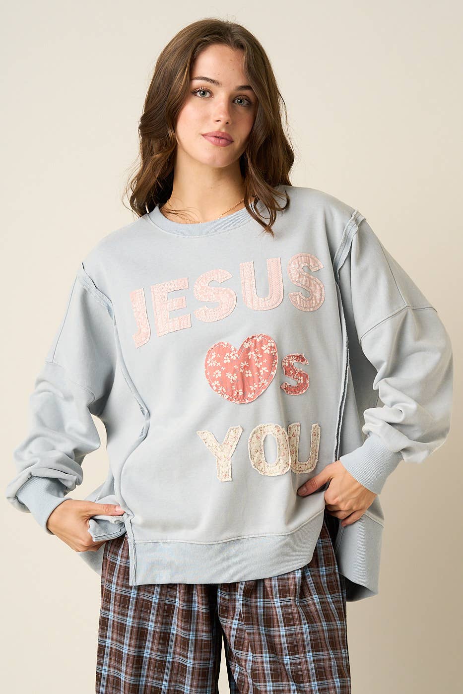 JESUS LOVES YOU PATCHWORK MINERAL WASH SWEATSHIRT