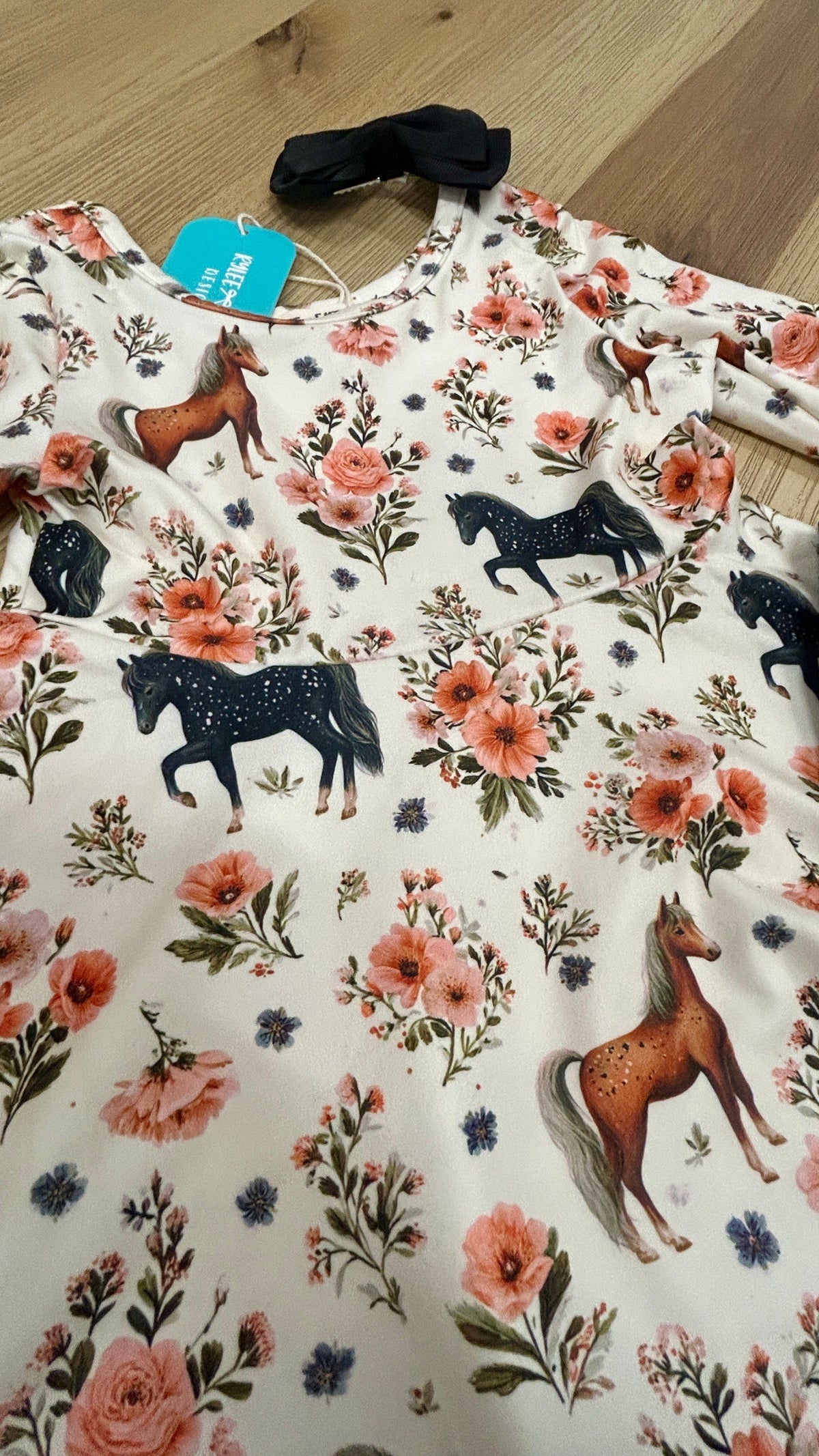 Western Floral Horse Print Girls Long Sleeve Twirl Dress