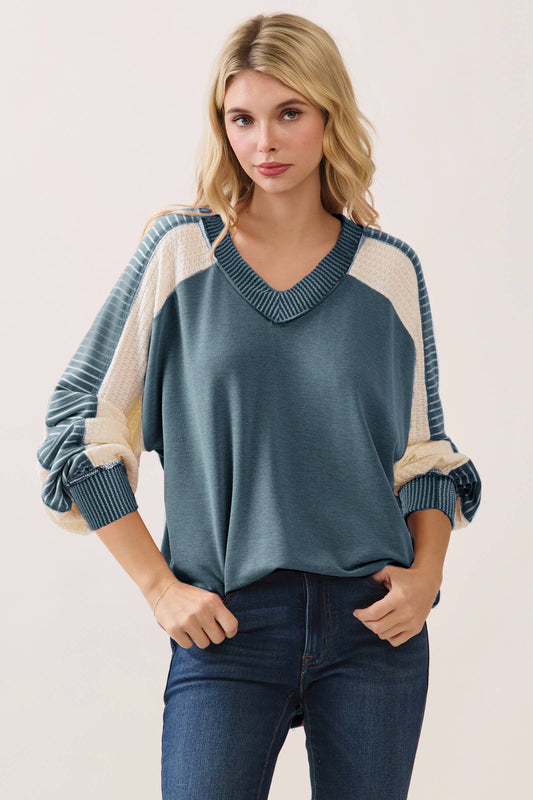 Color Block Stripe Contrast Pullover Top T5990-2