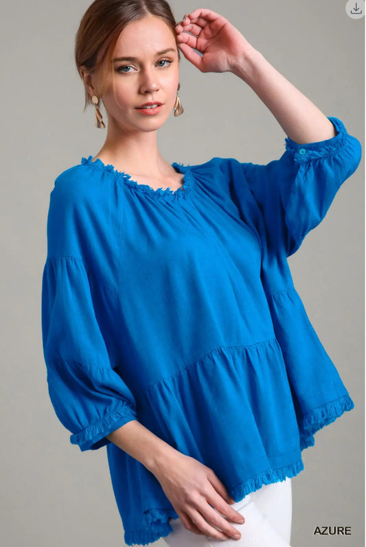 UMGEE Linen Frayed Edges Tiered Top