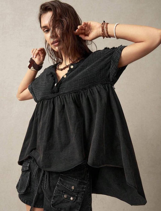Oversized Black Boho Casual Top
