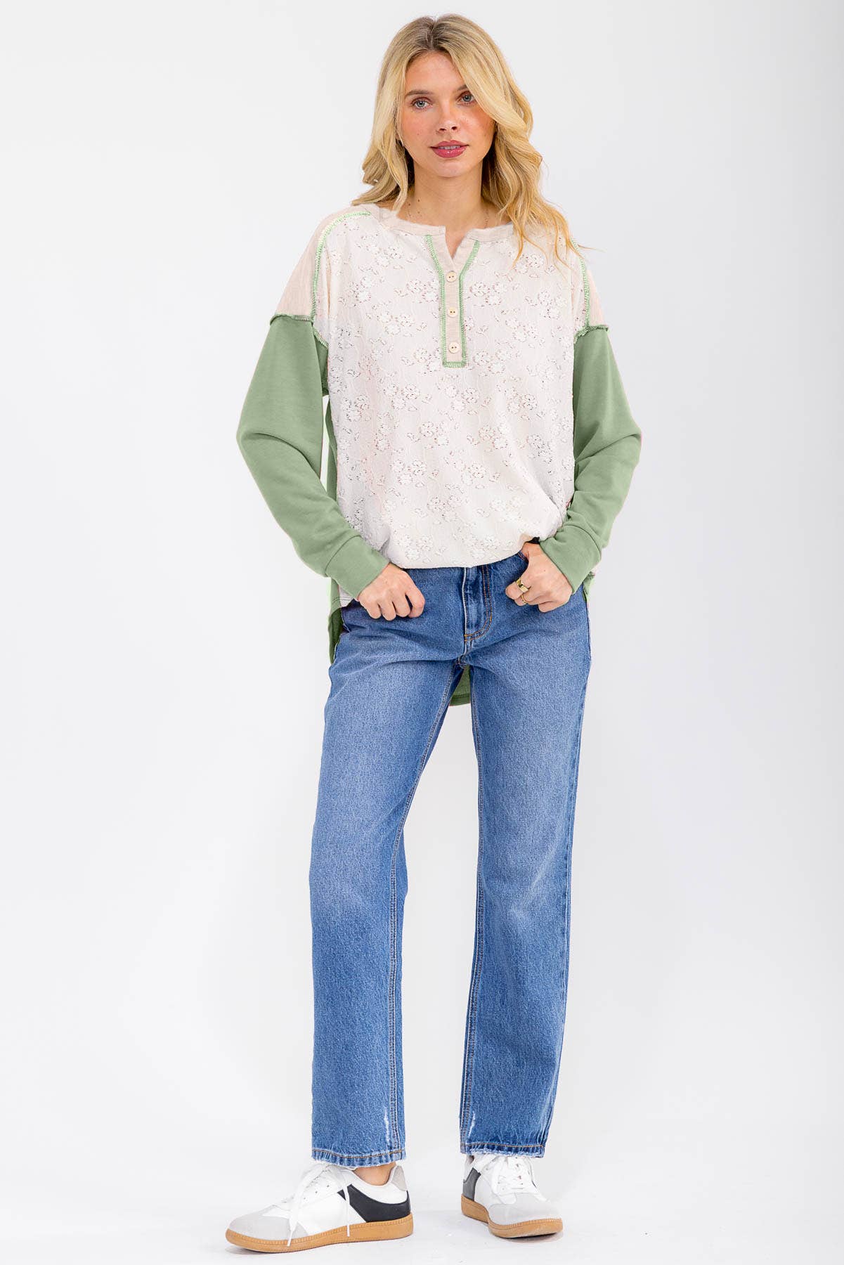 Floral Lace Contrast Sleeve Henley Top T6193