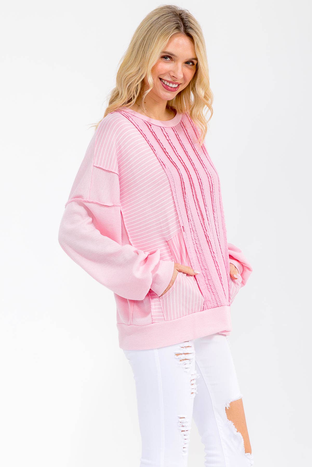 Textured Stripe Contrast Knit Top T6203