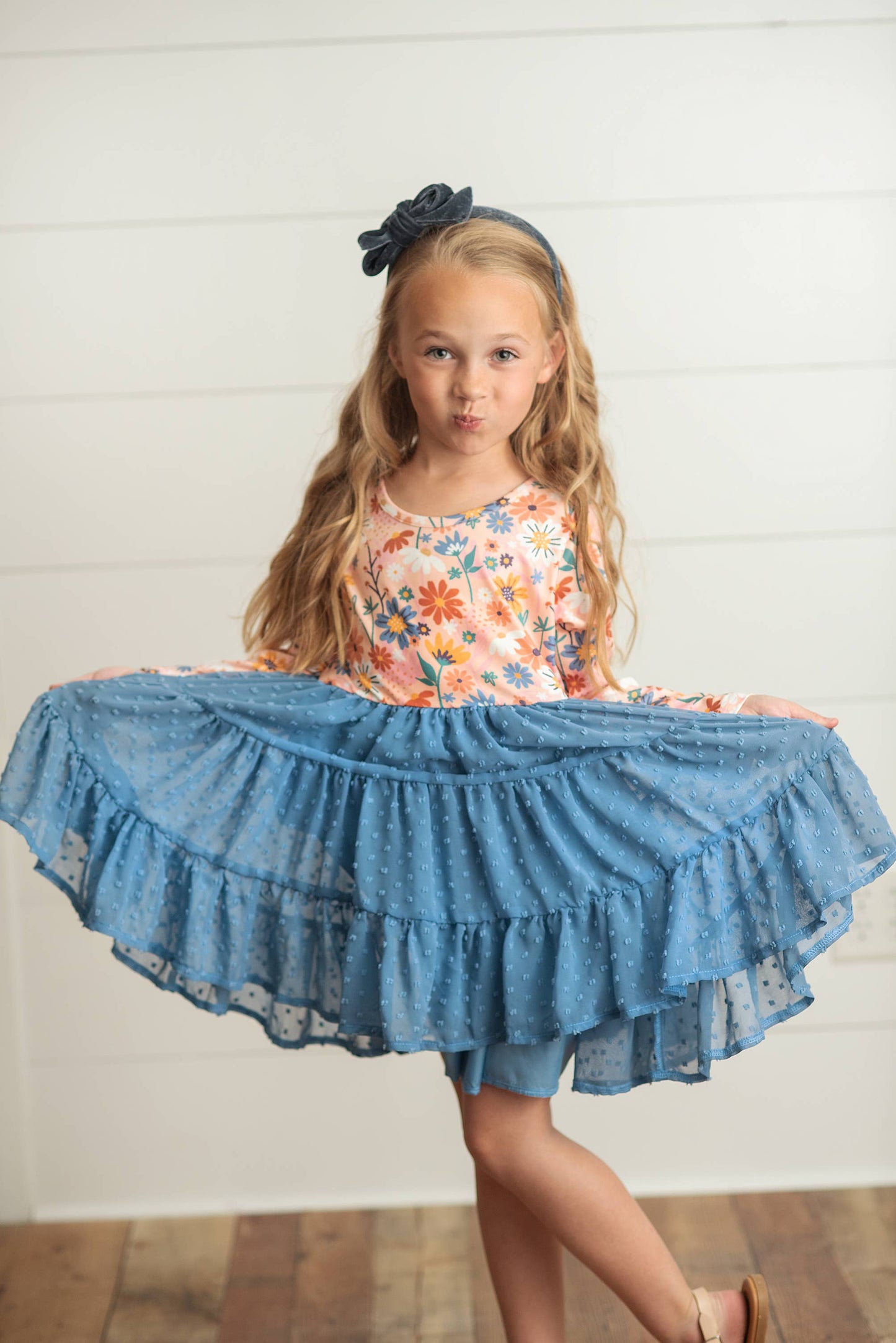 Kids Dusty Blue Flower Print Swiss Dot Tulle Dress