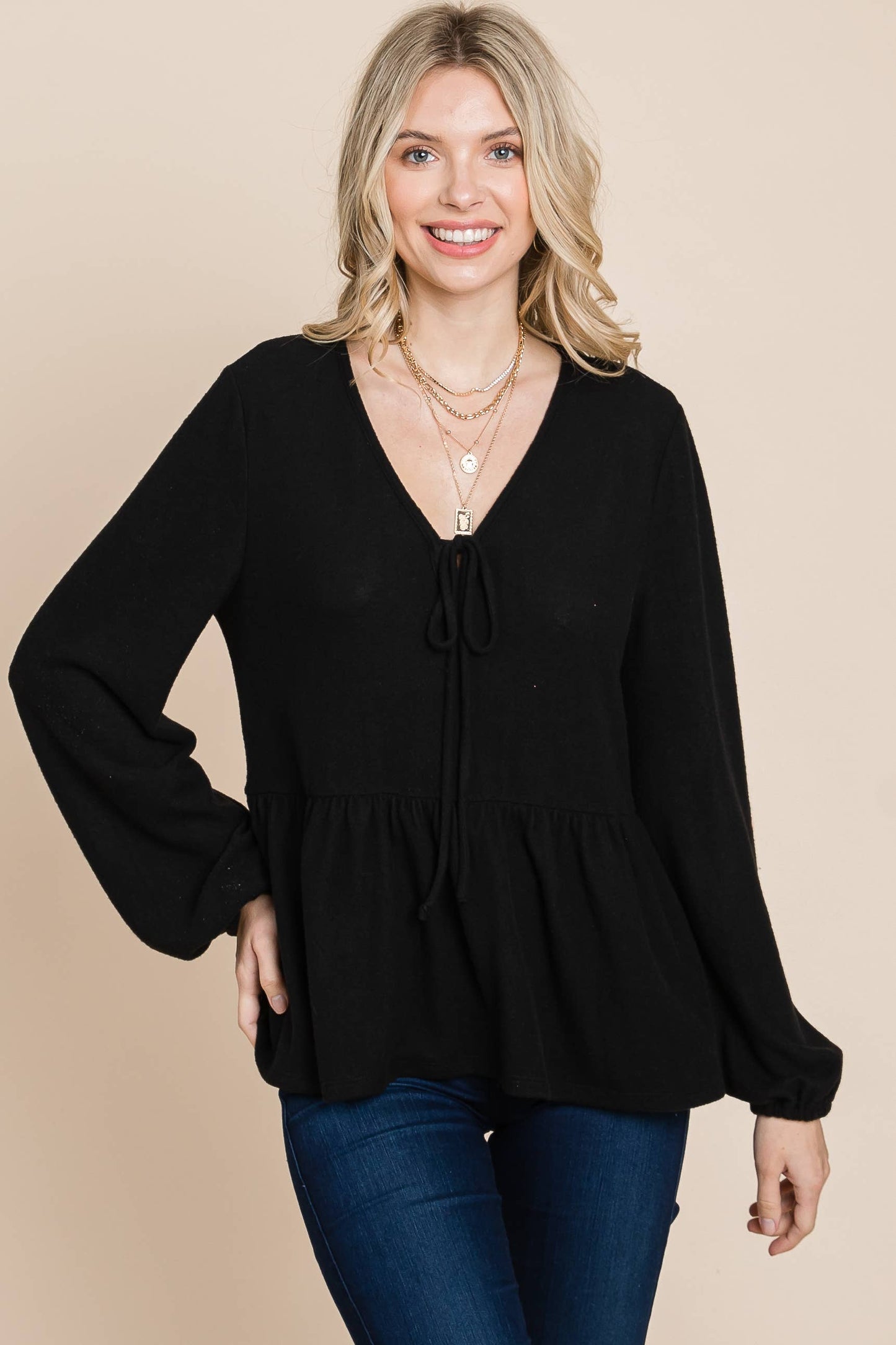 Solid Hacci Brush Babydoll Top