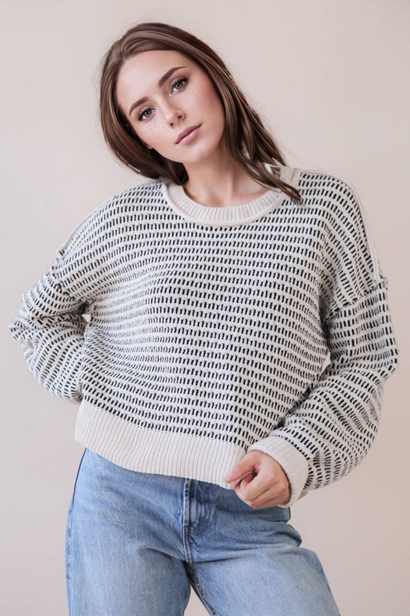 Black/Cream Two Tone Textured Knit Casual Sweater Top