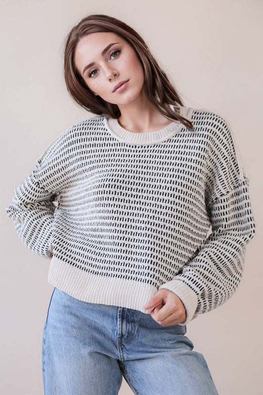 Black/Cream Two Tone Textured Knit Casual Sweater Top