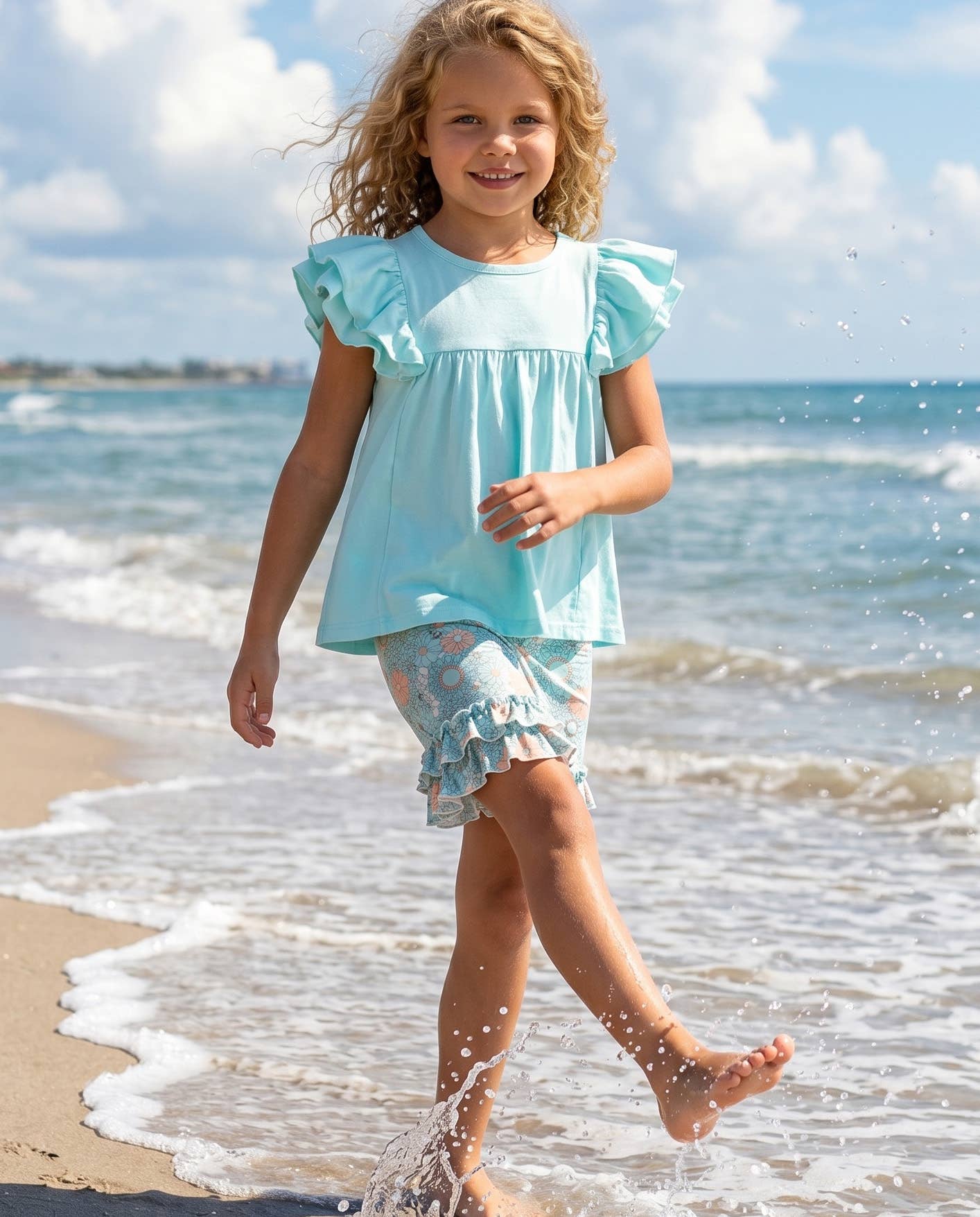 Kids Sophia Light Teal Floral Summer Spring Ruffle Short Set