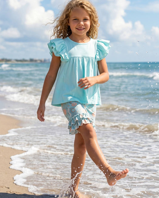 Kids Sophia Light Teal Floral Summer Spring Ruffle Short Set