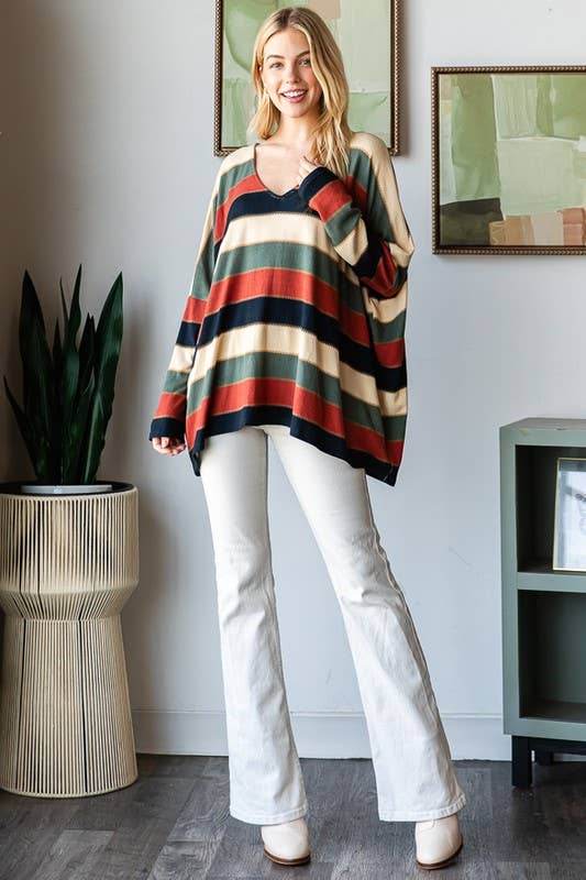 LONG DOLMAN SLEEVE V NECK STRIPE PRINT TOP