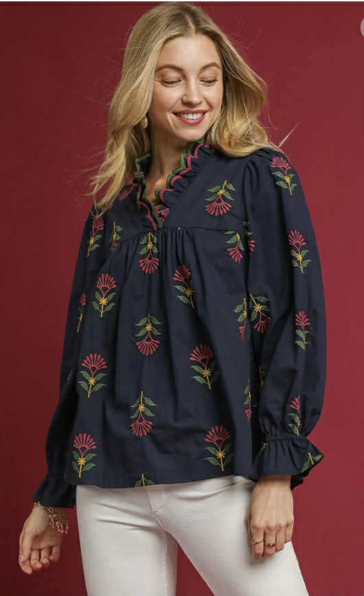 UMGEE - Embroidered Floral Ruffle Neck Blouse