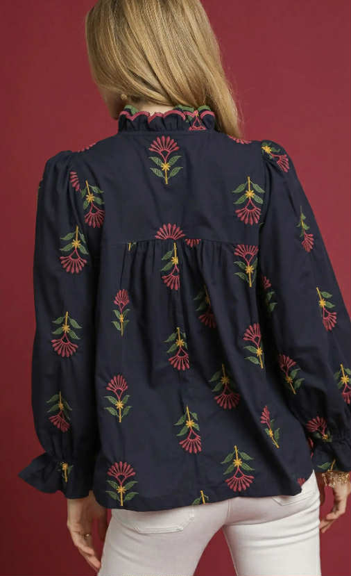 UMGEE - Embroidered Floral Ruffle Neck Blouse