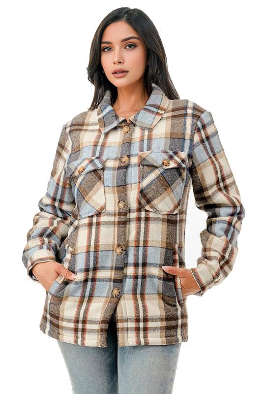 Fur lined plaid flannel shirt jacket shacket with pockets